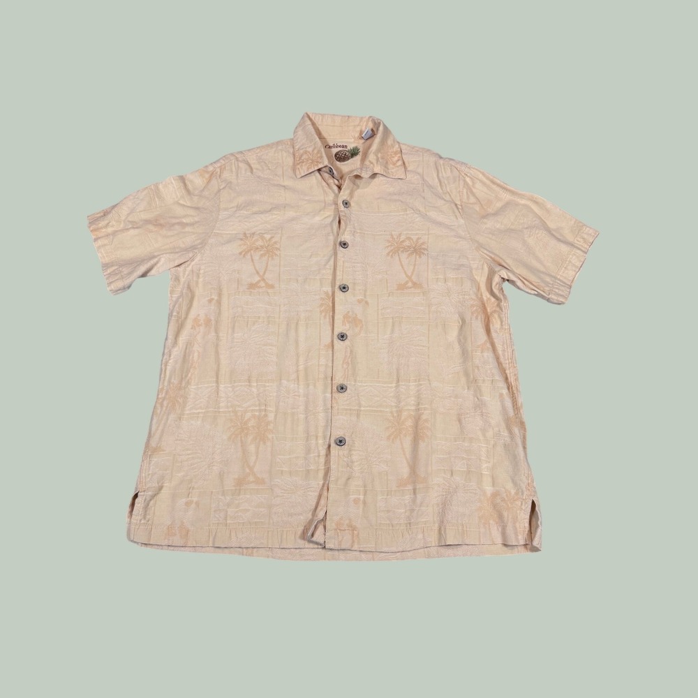 Caribbean Silk Cotton Blend Short Sleeve Shirt L Peach Palm Tree Jacquard